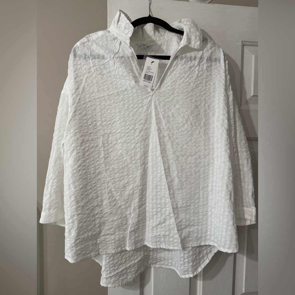 Crown & Ivy White 3/4 Sleeve Polo Collar Button Down